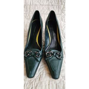 Antonio Melani Dark Green Leather Kitten Heels Pumps‎ Womens 9M Bow Metal Top